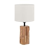EGLO Tischlampe Portishead, 1 flammige Tischleuchte Modern, Hygge, Natur, Nachttischlampe aus Holz, Stahl und Textil, Wohnzimmerlampe in Naturfarben, Schwarz, Weiß, Lampe mit Schalter, E27 Fassung