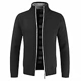 Herren Hoodless Zipper Jacke Knit Cardigan Stehkragen Down Strickwaren Fleecejacke Herbst Winter Casual Patchwork Jacke Mantel Plus Samt Dicke Jacke Sweater Cardigan Mantel, Schwarz , Larg