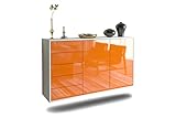 Kommode Sideboard hängend - Saarbrücken - Korpus Weiss matt - Front Hochglanz Design Orange- (136x77x35cm) - Push to Open Technik & hochwertigen Leichtlaufschienen - Made in Germany