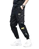 ORANDESIGNE Herren Hose Mode Cargo Hose Muti Taschen Bandage CasualSporthosen Harem Hose Männer Freizeithose Chino Hose Sweatpants D Schwarz XXL