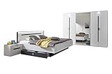 lifestyle4living Schlafzimmer Komplett Set in weiß und grau, 4-teilig | Komplettset mit Drehtürenschrank, Futonbett und Nachtschränk
