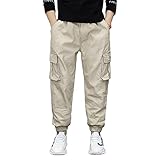 woejgo Jungen Jogginghose mit elastischer Taille, Cargohose für Kinder, Jogger mit mehreren Taschen, elastische Taille, Cargohose, Sport, Outdoor, Ausflug, Wandern, Freizeit, Alltag, Khaki, 175