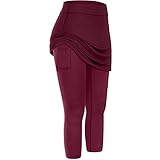 Damen Leggings mit Rock 3/4 Sport Fitness Yogahose Lange Blickdicht Fitnesshose Knöchelläng Laufhose Tennisrock mit Taschen Sporthose Leggins Fitnesshose Rockhose Tennisbekleidung 2-in-1