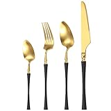 Edelstahl Besteck Set Gemischte Bestecksets mit Messer Gabel Löffel, Luxuriös besteck, Rostfrei, Spülmaschinenfest (Gold Schwarz)