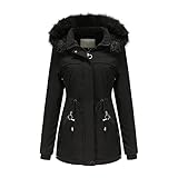 TTWOMEN Damen Langarm Warmer Mantel Outwear Pelz Gefütterter Trench Winter Mit Kapuze Dicker Jacke M