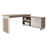 MANAGER Eckschreibtisch in Eiche Sonoma Optik, Weiß - Moderner Bürotisch Computertisch mit großer Arbeitsfläche und Sideboard - 140 x 76 x 65 cm (B/H/T)