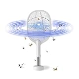 Elektrische Fliegenklatsche, 2 in 1 3000V USB Elektrisch Fliegenfänger Extra Stark,Moskito Elektrischen Insektenschröter mit UV-lichtfalle und Base, Aufladbar Strom fliegenklatsche 1200mAh Akku (Weiß)