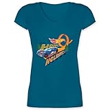 Hot Wheels Damen - Happy Holidays - Blaues Auto - XL - Türkis - Hot Wheels - XO1525 - Damen T-Shirt mit V