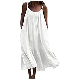 Amekiyuery Damen Leinenkleider Sommer Plus Size Strandkleid Sexy Spaghettiträger Maxikleider Infaches Einfarbig Basic Freizeitkleid (White, XXXXL)