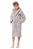 L&L Kinderbademantel Jungen Morgenmantel Fleece mit Kapuze Hausmantel Flauschig Mikrofaser Stickerei Bademantel mit Taschen und Bindegürtel (Melange/Number, 134/140)