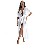 dPois Damen Strand Cardigan Kimono Bikini Cover Up Chiffon Maxi Kleid Strandponcho Lang Kurzarm mit Gürtel Transparent Beachwear Weiß L