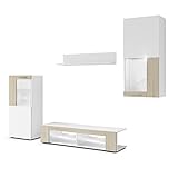 Vladon Wohnwand Anbauwand Movie, Korpus in Weiß matt/Fronten in Weiß matt und Eiche sägerau mit weißer LED Beleuchtung