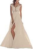 HUINI Lang Brautkleider Hochzeitskleid Elegant Spitzen Brautmode Abendkleid Damen Standesamtkleider mit Schlitz Champagne 38