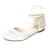 CHARMSTEP Frauen Satin Hochzeitsschuhe Flache Knöchelriemen Ballerinas Runde Zehen Party Brautschuhe 9872-14A,Elfenbein,35 EU