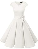 DRESSTELLS Petticoat Kleid 50er Jahre, Damen Weiss Fasching Abendkleid Vintage Retro Cap Sleeves Rockabilly Kleider Hepburn Stil Cocktailkleider White XS