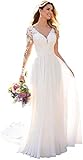 HUINI Brautkleider Spitzen Lang Hochzeitskleider Standesamt V-Ausschnitt Brautmode Prinzessin Chiffon Brautkleid Langarm Elfenbein 48