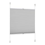 Rapid Teck® Klemm Thermo Plissee 75cm x 130cm GRAU Blickdicht Faltrollo Jalousie Rollo ohne Bohren Klemmrollo Fertigp