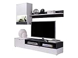 Wohnwand Andreas, elegantes Wohnzimmer-Set als Anbauwand, griffloses Öffnen, bestehend aus TV-Lowboard, Hängevitrine, Wandregal mit viel Stauraum (weiß / kiefer dunkel, mit blauer LED Beleuchtung)