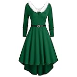 Lazzboy Weihnachten Kostüm Damen Kleider Frauen Faux-plüsch-Panel Langarm V-Kragen Partykleid Party Weihnachtsmann Santa Claus Weihnachtskleider Rotes Weihnachtsfrau Midi Kleid (M,Grün)