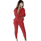 ADDZYY Damen 2 Stück Strickanzug Pullover Anzug Langarm Schulterfrei Gestrickt Pullover und Hosen Kordelzug Zweiteilige Sweatshirt Sportanzug Trainingsanzug