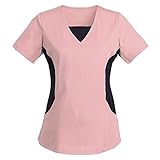 Schlupfhemd Berufsbekleidung Bluse Kurzarm V-Neck Mischgewebe Kasack Damen Pflege mit Solid Patchwork Farbe Motiv Bunt Arzt Uniform Lässiges Pocket Krankenschwester Kleidung (B-Rosa, XL)
