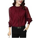 Masrin Bluse Damen Lässiges einfarbiges Chiffon Hemd T Shirt mit Netz Nähten Pullover mit Stehkragen und Puffärmeln Frühlings Herbst Langarm Shirt Business Tops Partykleidung Crop Top