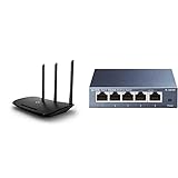 TP-Link TL-WR940N N450 WLAN Router (450 Mbit/s (2,4 GHz), WPS, Print/ Media/ FTP Server) schwarz & TL-SG105 5-Port Gigabit Netzwerk Switch (bis 2000 MBit/s, 10/100/1000Mbp) b