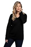 Ulla Popken Damen große Größen Übergrößen Plus Size Pullover, V-Ausschnitt, Langarm, weicher Feinstrick schwarz 62+ 791606100-62+