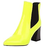 AIMODOR Damen Spitze High Heels Blockabsatz Stiefeletten Lack Chelsea Ankle Boots neon grün 39