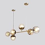 TRPYA Lineare Globus Anhänger Kronleuchter Beleuchtung, LED 6. Glaskugel Pendelleuchte, Mid Century Modern Gold Sputnik Kronleuchter Lampe, for Kücheninsel Esstisch W