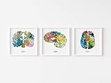 Menschliches Gehirn Kunst – 3er-Set 8,5 x Kunstdrucke Bunte Neurowissenschaft, Neurologie und Psychologie Wanddekoration Urlaubs- Weihnachtsgeschenke für Lehrer Drucke signiert von J. Say