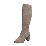 Xmiral Damen Knielange Stiefel Mit Dicker Absatz Retro Elastische Einfarbige Hochhackige Mittelhohe Stiefel Mit Reißverschluss (Beige, 37)