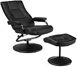 RELAX4LIFE Relaxsessel Leder, Liegesessel mit Hocker, 150° Verstellbarer Fernsehsessel mit Liegefunktion, Ruhestuhl 360° drehbar, TV Sessel 150kg belastbar, Relaxstuhl für Wohnzimmer & Büro (Schwarz)