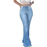 Jubaton Gestreifte High-Waist Schlaghose Bequemes Gesäß Damenjeans mit offenen Kanten Weitbeinig Slim Fit Modisch und sexy S