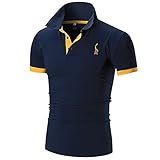 Poloshirt Herren Sommer Basic Slim Fit Stretch Herren Shirt Modern Hirsch Stickerei Spleißen Knopfleiste Herren Kurzarm Urban Casual Sport Herren Sportshirt I-Navy L