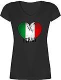 Länder Fahnen und Flaggen - Italien Herz Vintage - XL - Schwarz - Used - XO1525 - Damen T-Shirt mit V