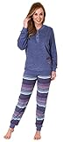 NORMANN-Wäschefabrik Damen Frottee Pyjama lang mit Bündchen - Hose gestreift - auch in Übergrössen - 212 93 236, Farbe:blau-Melange, Größe:52-54