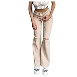 Ronony Damen Slim Jeans mit hoher Taille Flare Jeans Locker Hautfarbe Jeans Knopf Reißverschluss Hosen mit weitem Bein und Taschen F