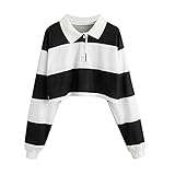 Bauchfreie Oberteile Teenager Mädchen Damen Sweatshirt Langarm Crop Top Shirt Knopfleiste Ausschnitt Gestreifter Lapel Bauchfrei Laufshirt Sweatjacke Pullover Tops Junges Cropped Oberteil B