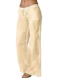 N /C Damen Casual Loose Fit Weite Bein Hohe Taille Baumwolle Leinen Hose mit Elastischer Taille und Kordelzug, beige, L