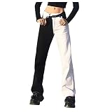 Damen Straight Jeans Schwarz und weiß Patchwork Jeans Boyfriend High Waist Denim Hose Mode Weites Bein Freizeithose Retro Pants Hip Hop Streetw