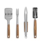 BURNHARD Grillbesteck-Set 4-TLG. 45 cm, Akazienholz Edelstahl, Grillzubehör mit Grillzange, Grillwender, Fleischgabel und Grillbürste mit extra-Langen Holzgriffen und Aufhänge-Ö