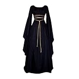 Doublehero Damen Mittelalter Kleid Satin Trompetenärmel Bodenlanges Retro Kostüm Gewand Gothic Renaissance Viktorianisches Cosplay Prinzessin Kleidung HexenKostüm Gewand(M,Schwarz)