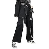 Makcoo Schwarze Ladungshose Männer Streetwear Baumwolle Hip Hop Wide Hose mit Kette Baggy Vintage Punk Harem Hosen Elastische Taille Emo Pants-Schwarz_XL