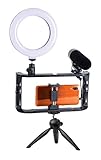 GadgetMonster Smartphone Vlogging Kit für YouTube Videos, bestehend aus Handy Stativ, Richtmikrofon und Ringlicht für Apple, Samsung, Huawei, Xiaomi, OnePlus und LG Smartphones, schwarz, GM006