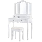 Juskys Schminktisch Emma mit Hocker, 3 Spiegel und 4 Schubladen – weiß – Kosmetiktisch aus MDF Holz – Frisiertisch für Damen, Kinder & M