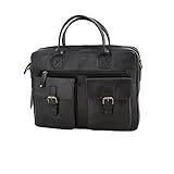 Marta Ponti Ledertasche für Herren, Vintage, Laptop, 33 cm, 9 Taschen, gepolstert, MP, schwarz,