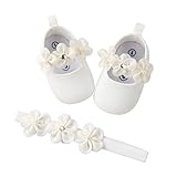 EDOTON 2 Pcs Kleinkind Schuhe+ Stirnband, Baby Mädchen Blumen Schuh Anti-Rutsch-Weiche Besondere Anlässe Taufe Hochzeit Party Schuhe (Weiß, Numeric_17)