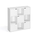 KOMTO Bücherregal mit Türen Weiß - Bücherschrank Holz Raumteiler Regal 9 Fächer Würfelregal für Kinderzimmer und Wohnzimmer 90 x 90 x 27,5