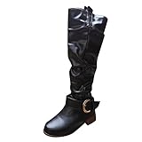 JDGY Leder Hohe Stiefel Damen Langschaft Stiefel Ritterstiefel Blockabsatz Schlupfstiefel Mit Reißverschluss Stiefeletten Herbst und Winter Warm Knöchel Schuhe Frauen D